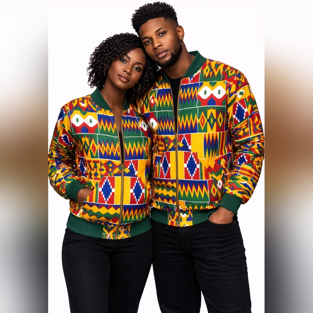Unisex Kente Print Patchwork Bomber Jacket